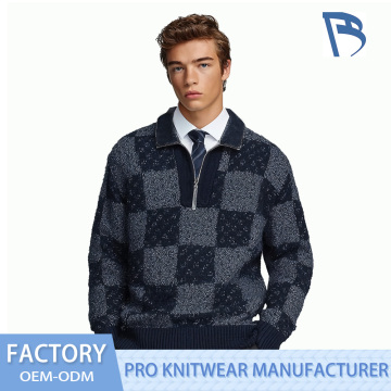 Sweater Rajut Leher Corong Setengah Ritsleting Kotak-kotak Angkatan Laut