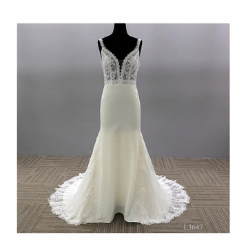 Sexy Mermaid Crepe Lace Spaghetti Strap Bridal Gown robe de mariage wedding dress supplier