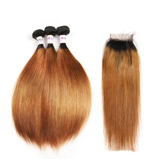 Megalook Hair Discounts Pre-colored Straight Brazilian Human Hair Wholesale Ombre Hair Weave Extension 3 Bundle with Closure