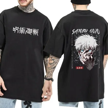 Oversized Gojo Acid Wash Anime Printed Streetwear T-Shirt for Men