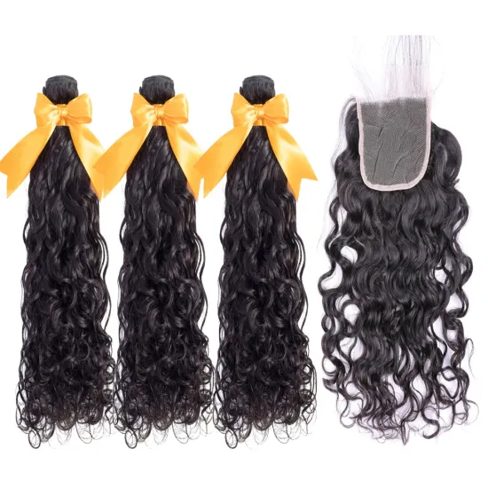 Factory Price  wholesale 8A 10A brazilian water wave 100% virgin human hair bundles with lace frontal closure