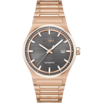 HB1514185 Men Silver Brushed Automatic Watch, Matte Textured Dark Grey Dial Date Window Transparent Exhibition Case-Back Integra