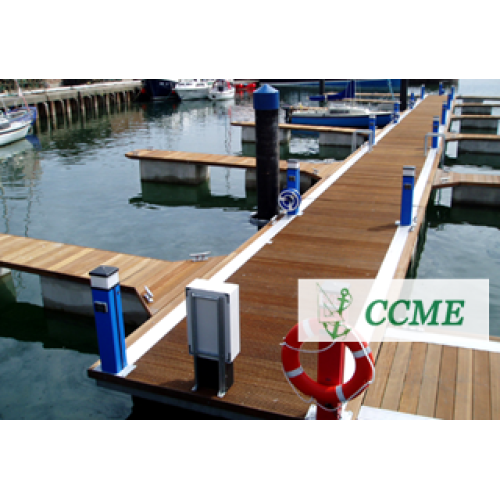 Marina dock with steel frame and wooden decking floating pontoon