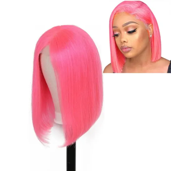 Natural Straight Short Bob Colored Human Hair Wigs,Pink Swiss Lace Front Human Hair Wigs for Black Women