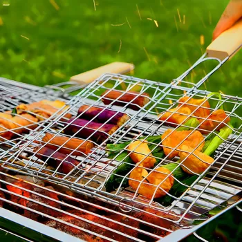 Outdoor BBQ Accessories: Wooden Handle Grilling Tools Set including Fish Clips, Burger Nets, Basket, and Vegetable Tools