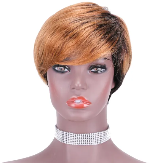 Brown Black Short Human Hair Wigs Pixie Cut Dark Root Ombre Natural Black Wigs with Bangs Wigs for Women