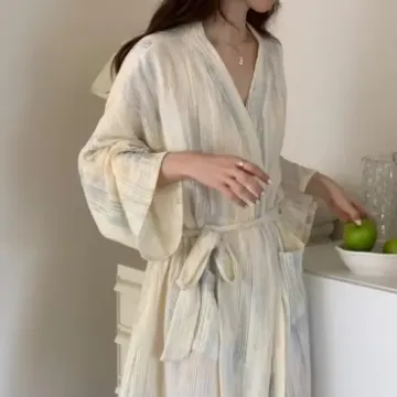 Women's High-End Oil Painting Striped Nightgown, Thin Bathrobe for Home