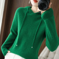 Hooded pull-cord wool knit jumper