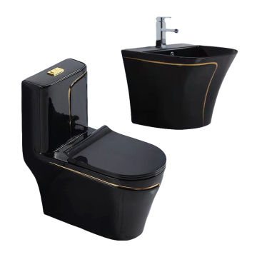S-trap Cheap Water Closet: Floor-Mounted Toilet Bowl with Wall-Hung Basin WC Toilet Set, Ceramic, One Piece, Black, Modern