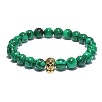 Gold Plated Skull Head Charms Beaded Malachite Bracelet