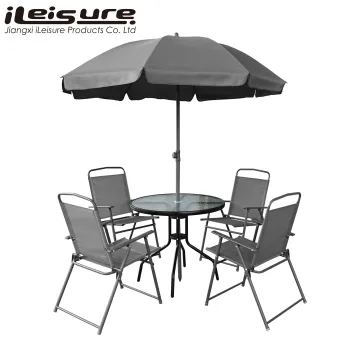 4-Seater Folding Steel Outdoor Garden Furniture Set with Patio Dining Table, Chairs, and Umbrella