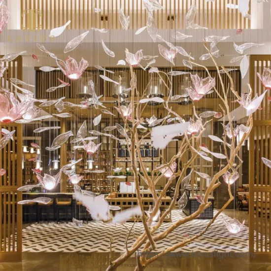 Flower shape clear pink modern design glass chandelier for hotel lobby living room