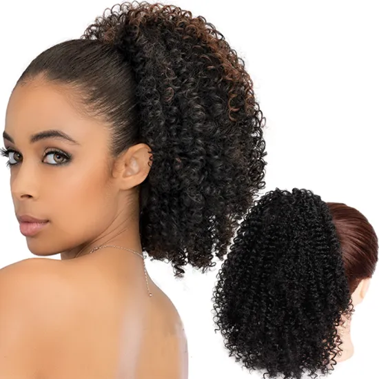 Kinky Curly Drawstring Ponytail 16 inch Afro Drawstring Two Clips in Hair Extensions Synthetic Hair Bun Puff