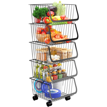 Cesto di frutta vegetale a filo metallico impilabile a 5 livelli con ruote rotanti