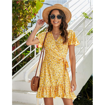 Women's Summer Wrap V Neck Print Ruffle Dress