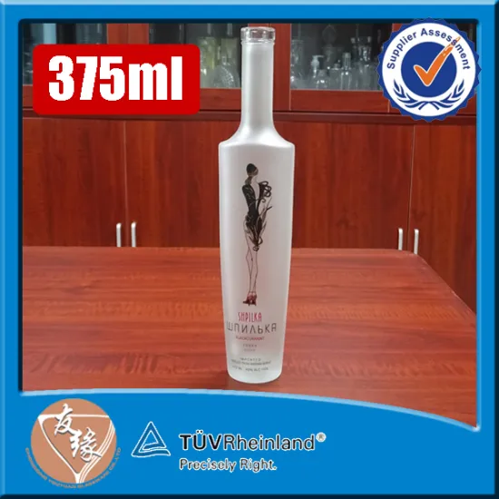 Liquor pakaging bottle white frosted custom design decal logo 375ml tall glass vodka bottle