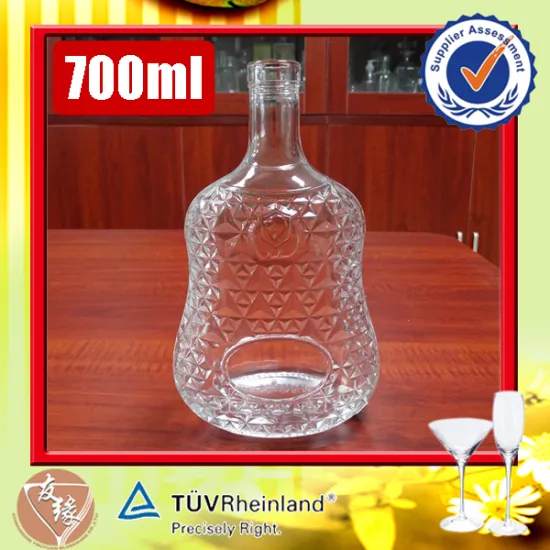 Fancy empty bar top vsop xo brandy liquor embossed 700ml high transparent glass cork bottle