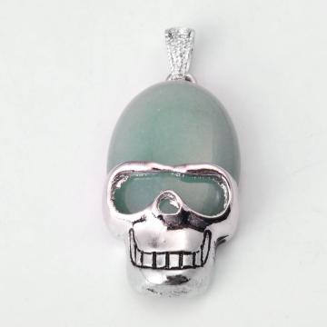 Green Aventurine Semi Precious stone Skull Alloy Pendant