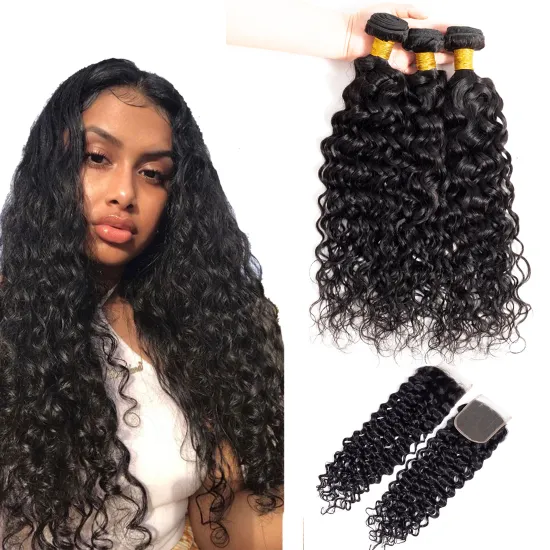 Hair Frontal Closure Human Hair Bundles with 13x4 Free Part Lace Frontal Closure Water Wave Peruvian hair bundle wi