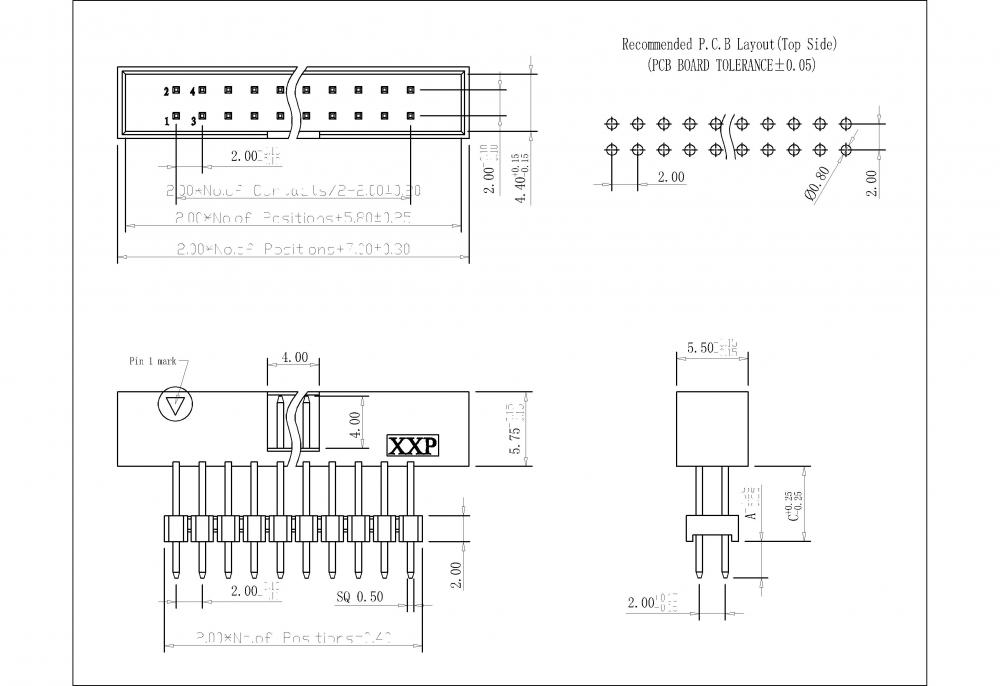 2,00 mm boxhuvud 180 ° H = 5,75 enstaka rad med tilläggshus