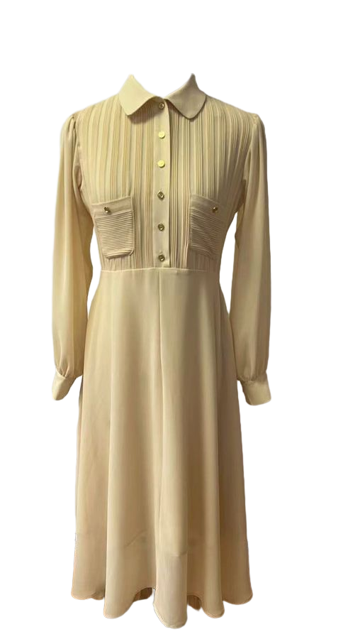 Chiffon Pleats Front Button Planket Maxi Dress
