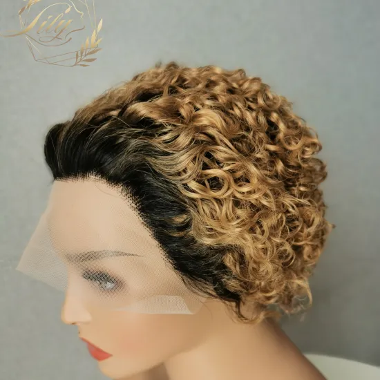 Highlight Wig Human Hair Curly Bob Wig ,13x1 Pixie Cut Wig Brown Colored Human Hair Wigs, Transparent Preplcuked Wig For Women
