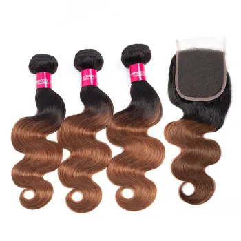 Ombre Body Wave Bundles Honey Brown 1b/30 Human Hair Bundles, Brazilian Virgin Hair Weave Bundles, 2 Tones Remy Hair Extensions