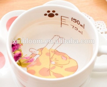 creative lovely pussy cat ceramic coffee mug set with tea tray, promotional pocelain kitty series of 2-piece suit