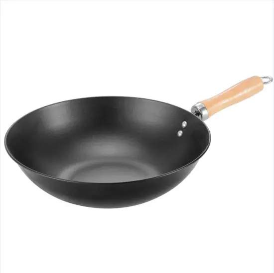 100% Carbon Steel Round Bottom Wok with Wood Handle and Lid