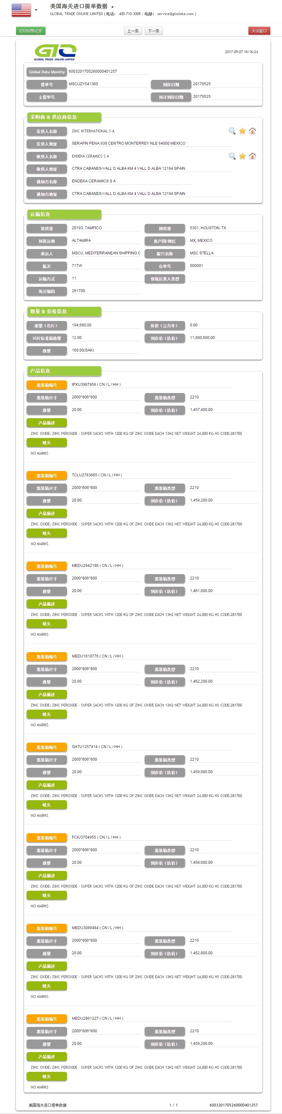 Zink menumpukan kami mengeksport data B / L