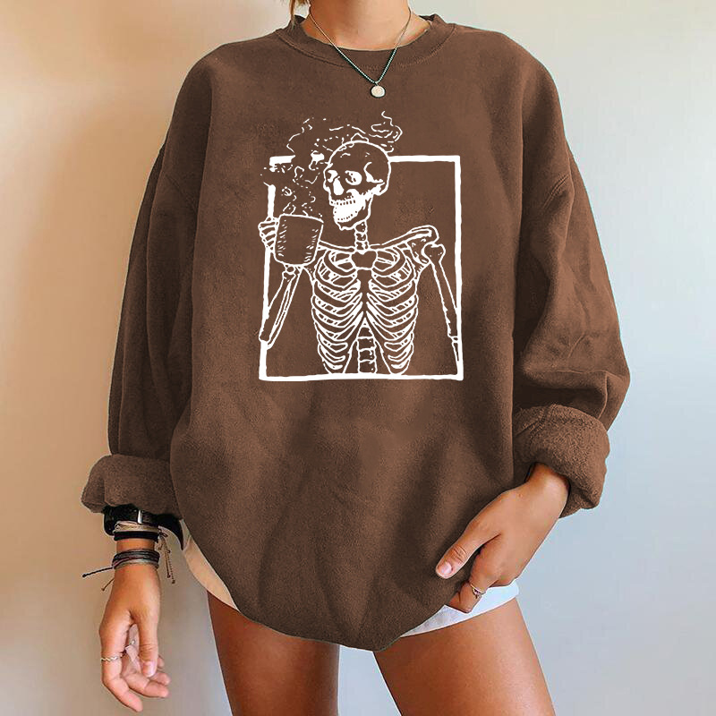 Halloween skalle grafisk tryck fleece överdimensionerad tröja