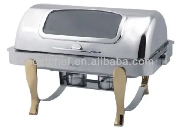 Oblong roll-top chafing dish set with golden legs and show window