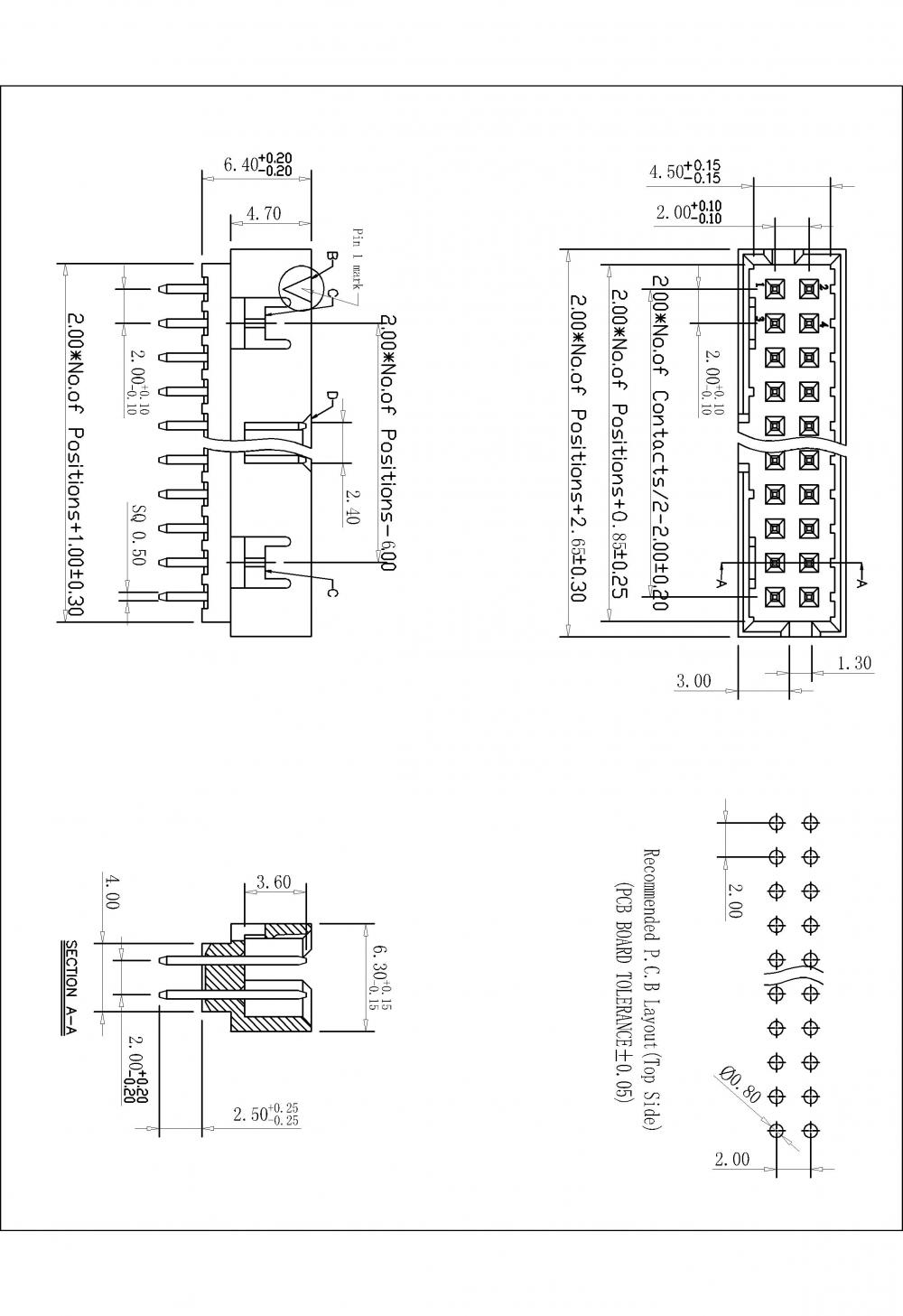 Cabeçalho de caixa de 2,00 mm 180 ° H = conector de 6,40 mm
