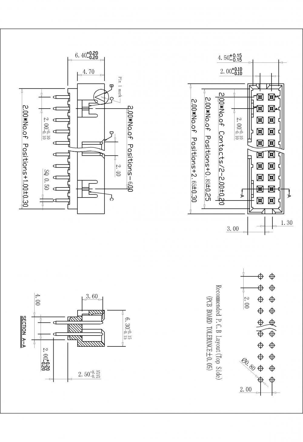 Encabezado de caja de 2.00 mm 180 ° H = conector de 6.40 mm