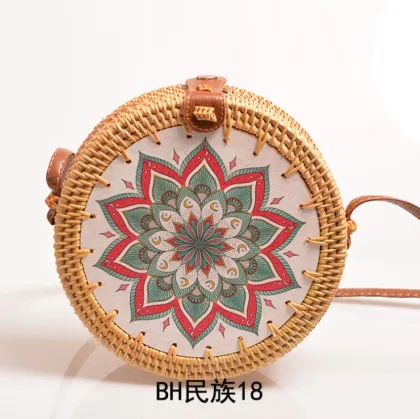 Woven Women's Round PU Leather Strap Bali Straw Embroidery Rattan Bag