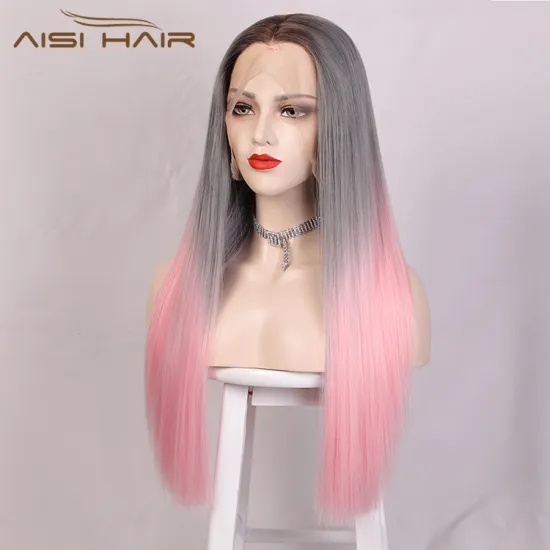 Aisi Hair Wholesale Long Silky Straight Ombre Pink Dark Root Lace Wig Middle Part Synthetic Hair Lace Frontal Wigs For Women