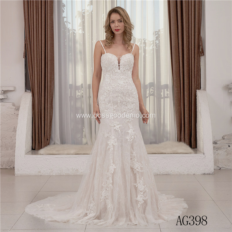 Illusion Sleeveless Lace Covered Button Back Bridal Beach mermaid nikah dress wedding