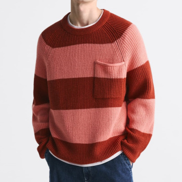 Contrast Striped Front Pockets Loose Knit Sweate