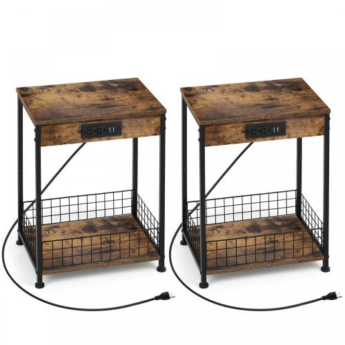 Wooden Storage Rack Bedroom End Tables with Charging Station Supplier