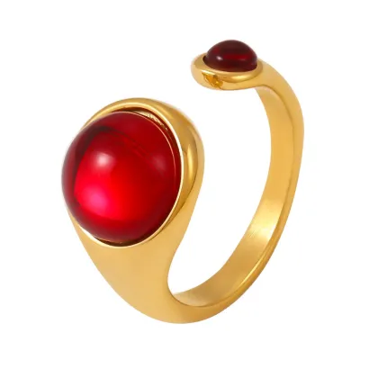 Stainless Steel Natural Crystal Elegant Red Garnet Ring
