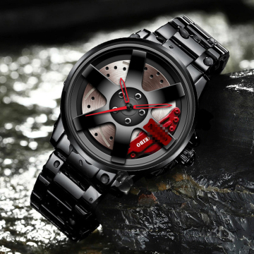 Men's Black Car Wheel Inspired Alloy Mechanical Watch with Steel Mesh Band