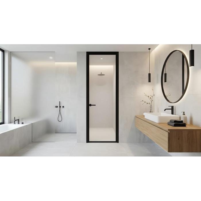 Banheiro moderno com porta giratória de alumínio