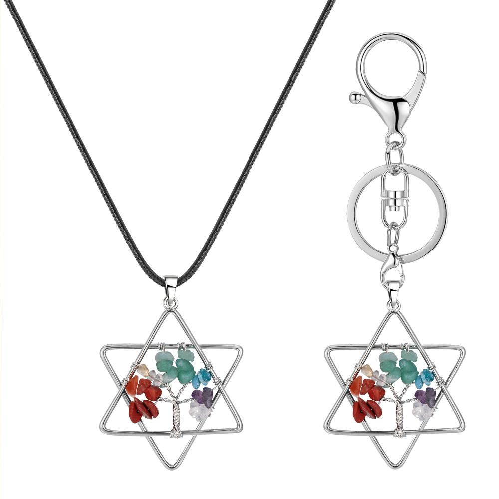 Collar con colgante de árbol de la vida con pentagrama, joyería de moda con piedras caídas de Chakra de cristal para mujeres y niñas