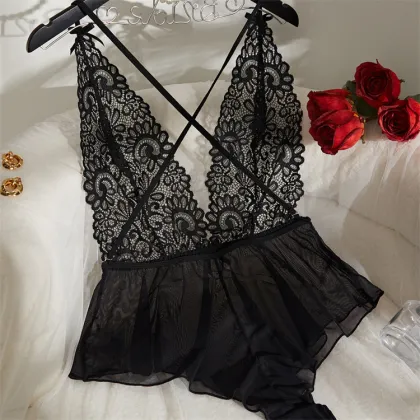 New Pink Tender Girl Sexy V-Neck Beautiful Back Mesh One-Piece Lingerie