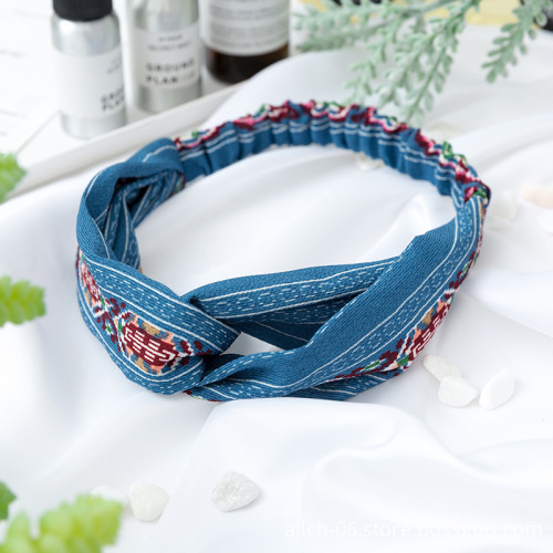 Retro Bohemian Print Headband Women's Cross Head Wrap Hair Accessory