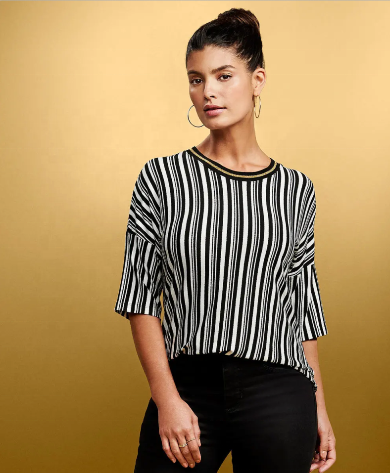 Colorful Striped Cotton Blend Polyester contrast collar Top