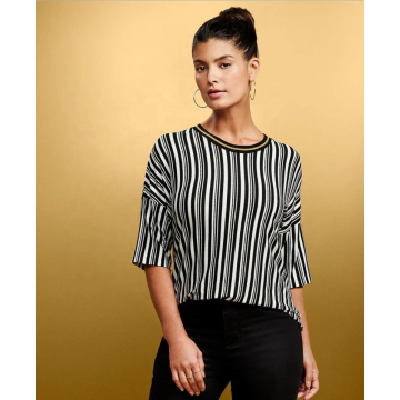 Colorful Striped Cotton Blend Polyester contrast collar Top