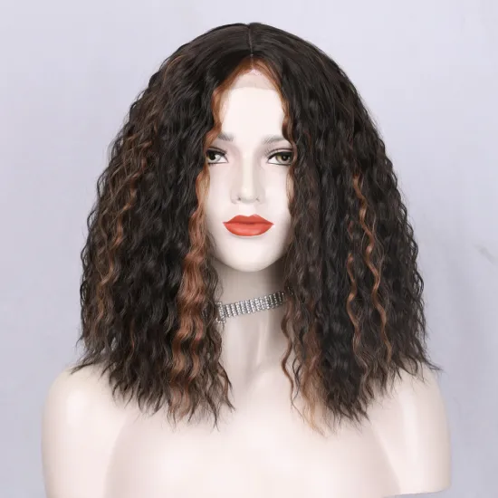 Swiss Lace Afro Deep Curly Closure Bob Short Mixed Black Brown Pre Plucked Synthetic Hair Wigs For Women Sale