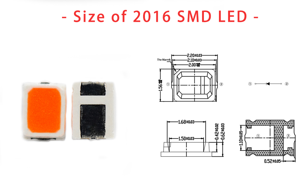 Size of 2016WR62D8L14 2016 SMD LED Red LED with red Phosphor 620nm LED SMD LED series 2016