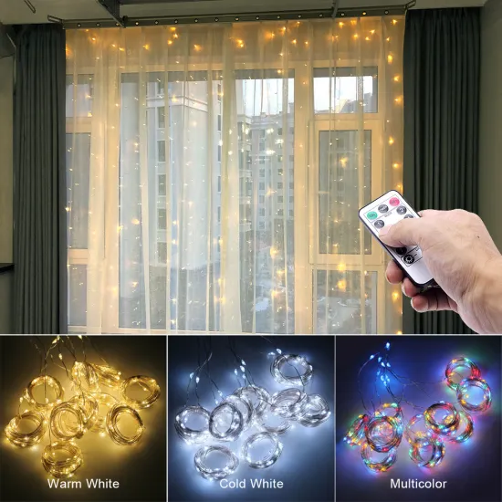 Curtain Light, 3x3 USB Remote Control Copper Wire Christmas Decoration: 8 Modes Star Lantern Fairy Strip Light